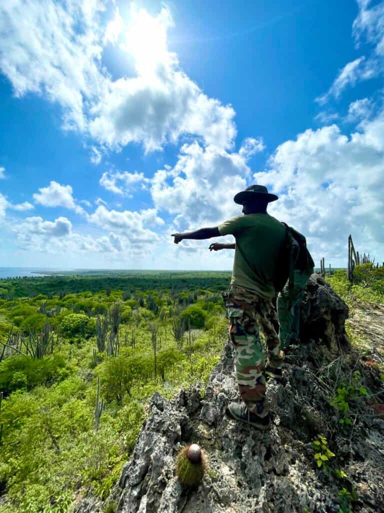 Hiker overlooking Bonaire landscape from a hill